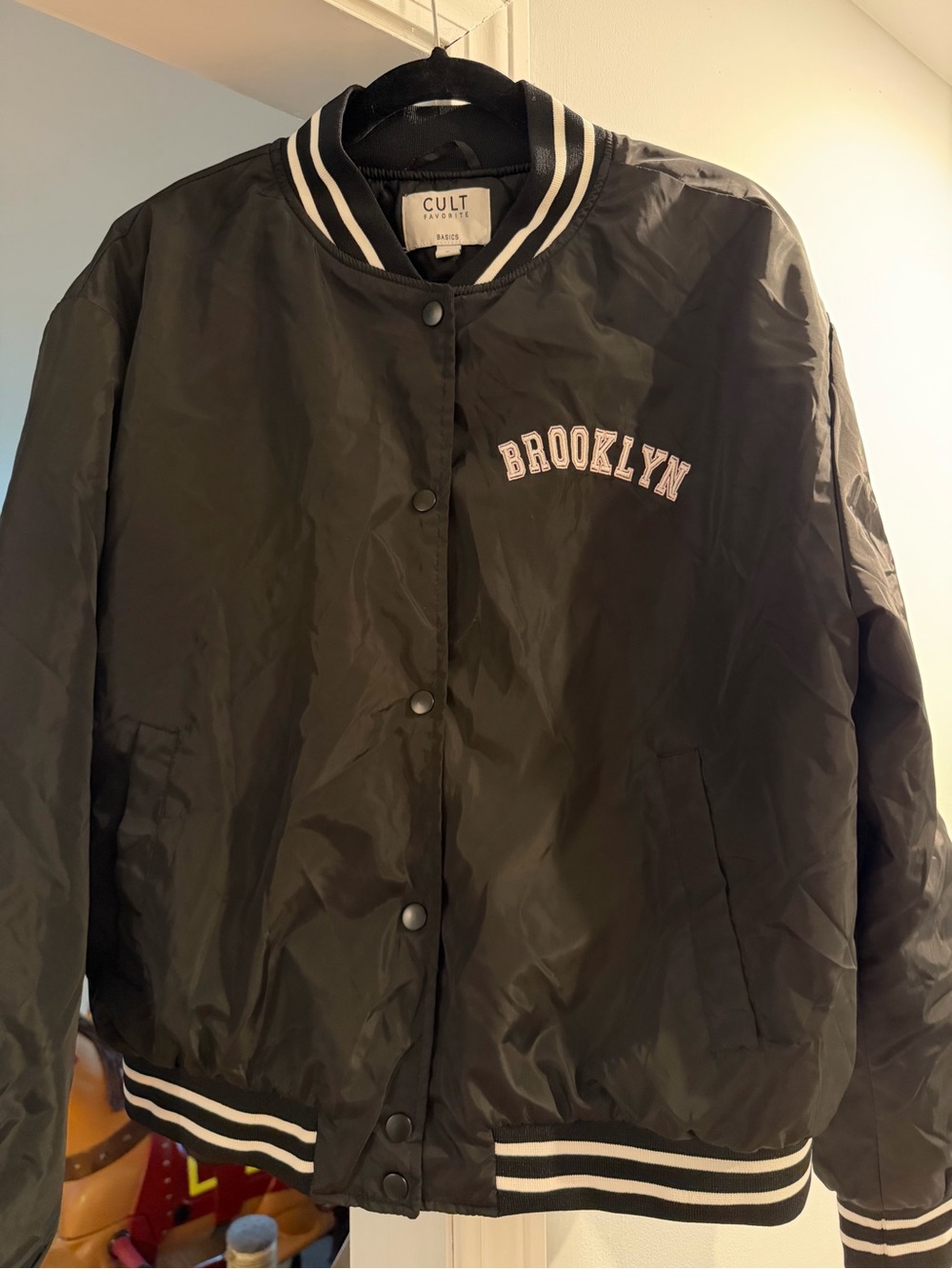 CULT Favorite Black Varsity Jacket with White Stripe Detail